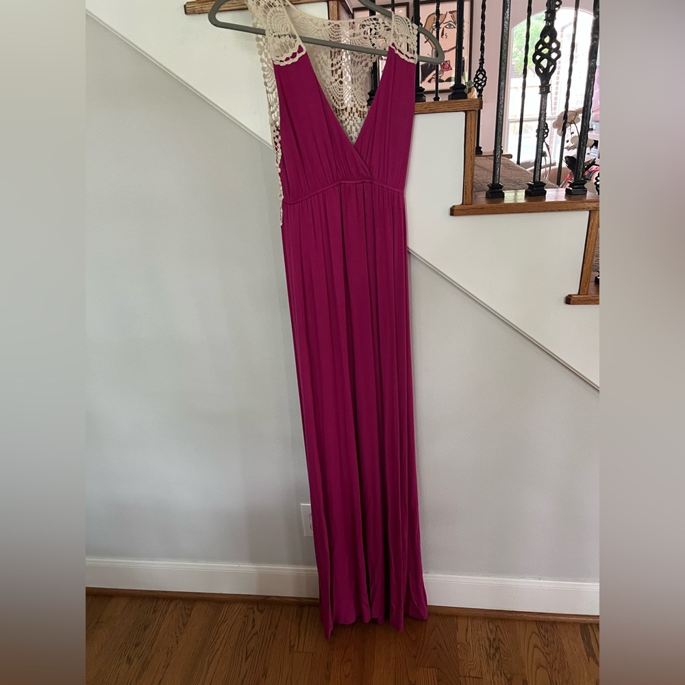 Elegant Magenta Lace-Trimmed Maxi Dress